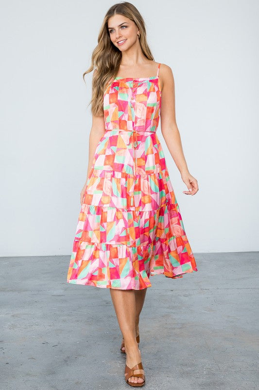 Multicolor Abstract Tiered Midi Dress Clothing THML   