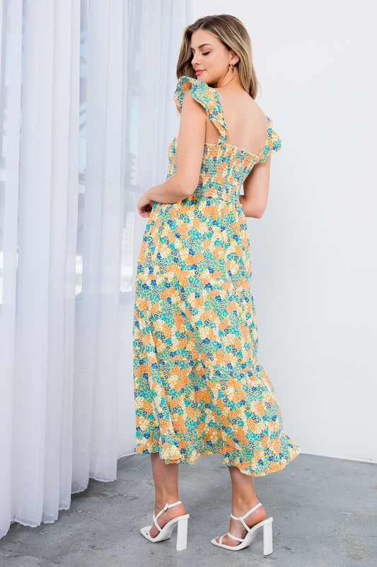 Mustard Floral Print Ruffle Strap Midi Dress Clothing THML   