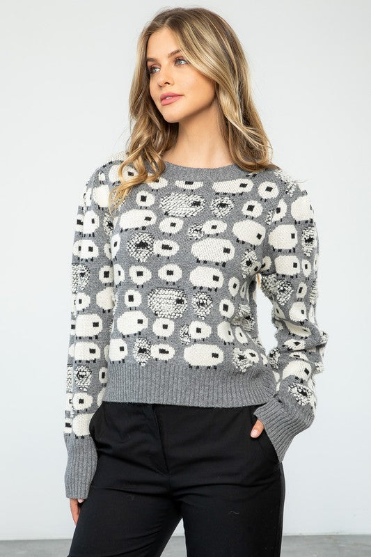 Grey Sheep Pattern Sweater Clothing THML   