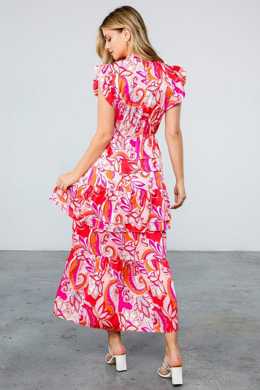 red and pink tiered dress Applique Short Sleeveless Tiered Dress by Nox Anabel E904