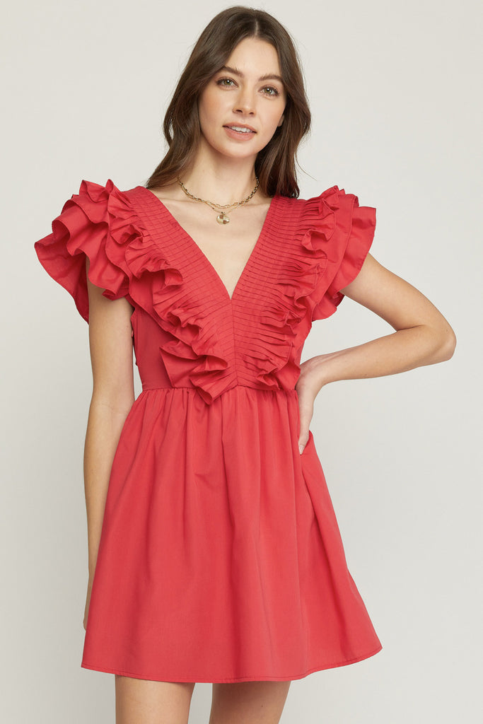 V-neck Ruffle Neckline Dress Clothing Entro Red S 
