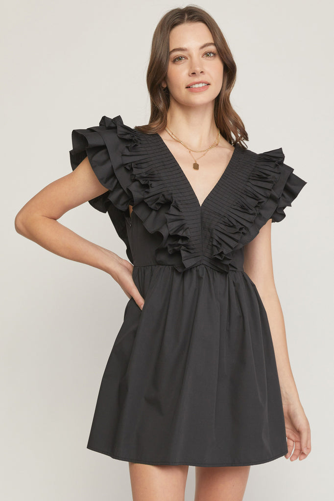 V-neck Ruffle Neckline Dress Clothing Entro Black S 