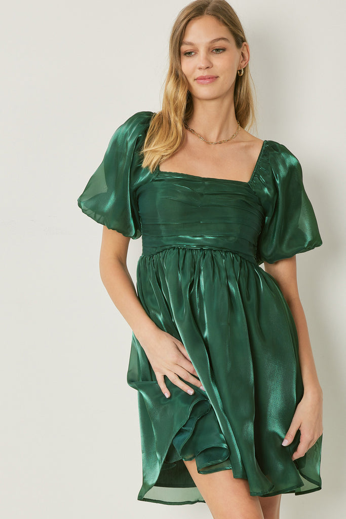 Bubble Sleeve Dress w/ square neck Clothing Entro Green S 