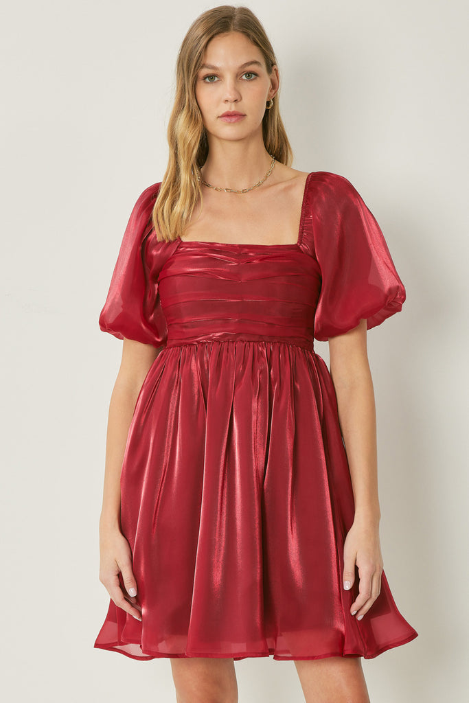Bubble Sleeve Dress w/ square neck Clothing Entro Red S 