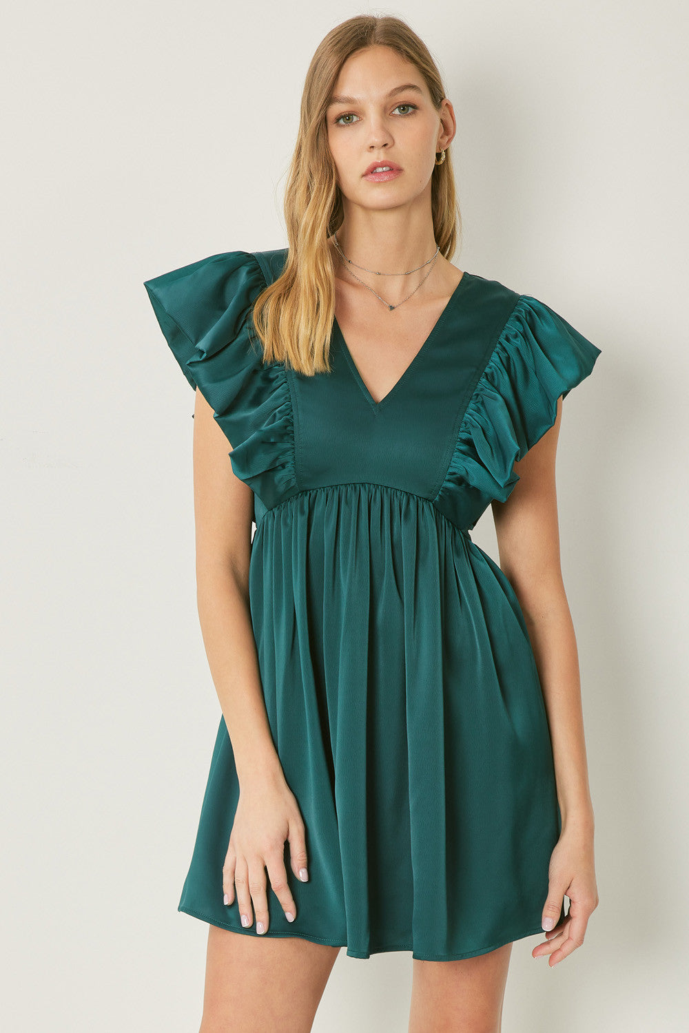 Satin V-Neck Ruffled Mini Dress Peacocks & Pearls Lexington Satin V-Neck Ruffled Mini Dress Peacocks & Pearls Lexington