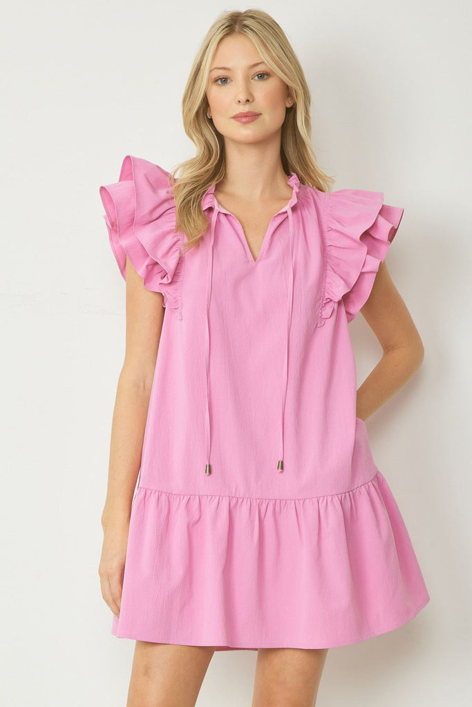 V-neck Ruffle Tiered Dress Clothing Entro Pink S 