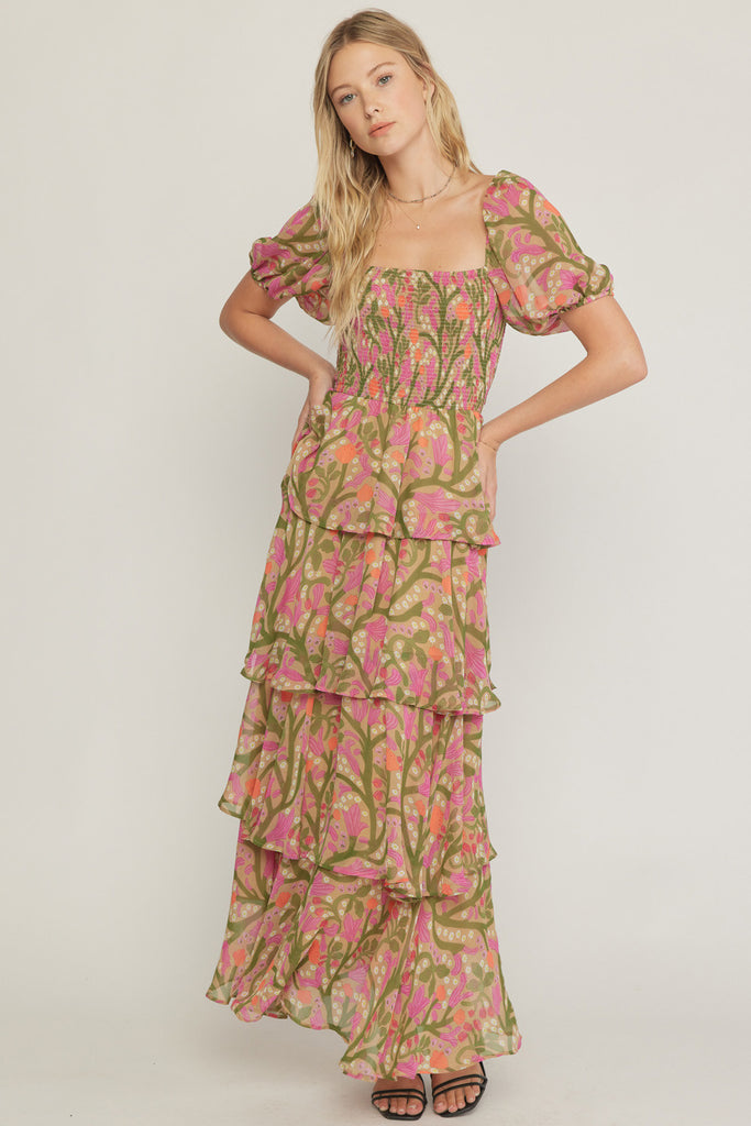 Floral Puff Slv Smocked Ruffle Maxi Clothing Entro   