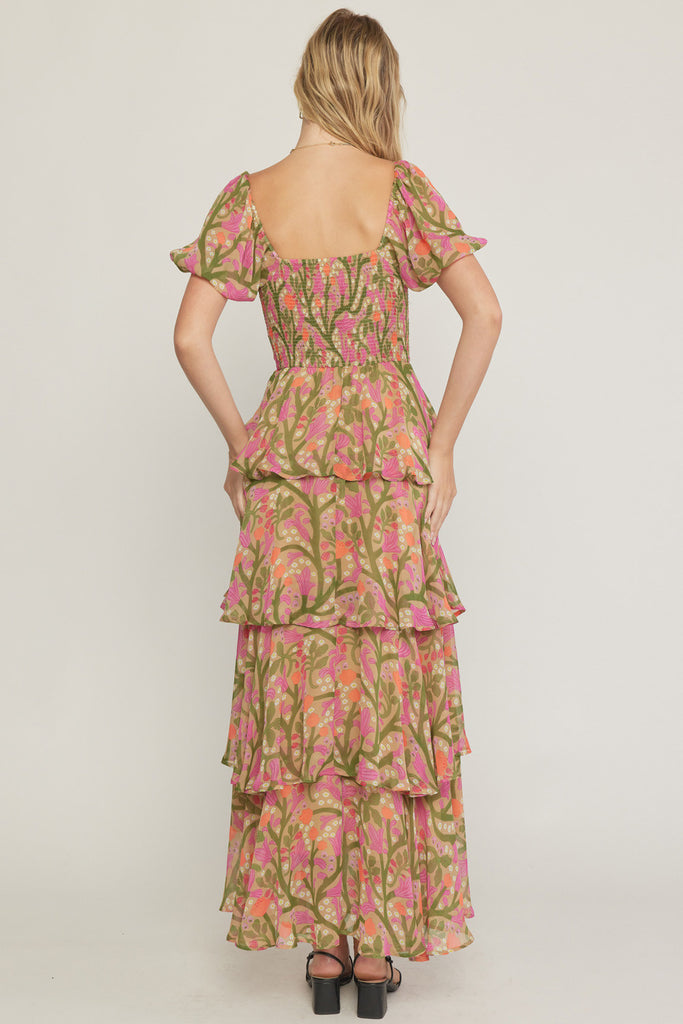 Floral Puff Slv Smocked Ruffle Maxi Clothing Entro   