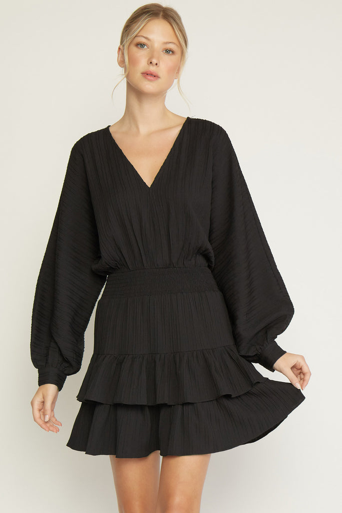 Black V-neck Lng Slv Ruffled Dress Clothing Entro   