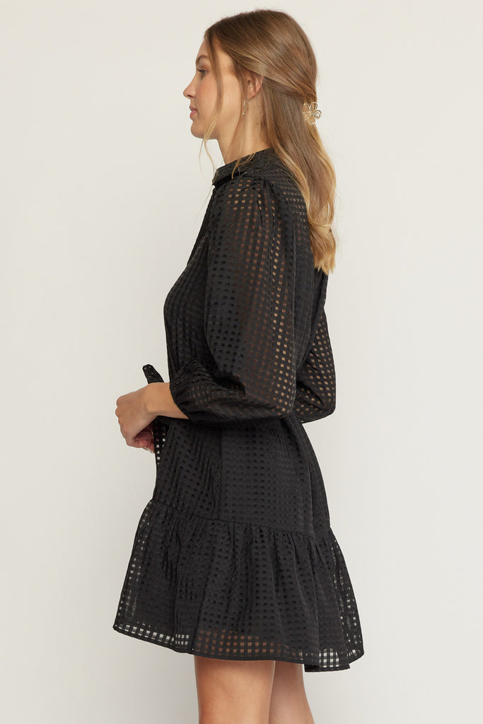 Black Grid Print Collared Button Up Dress Clothing Entro   