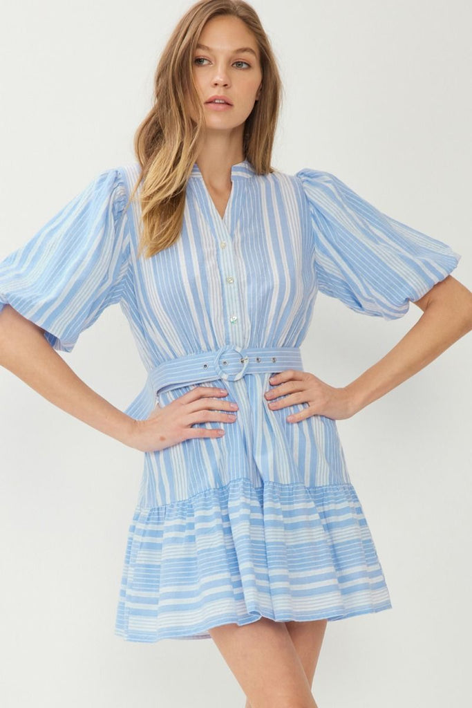 Blue/White Striped Puff Slv Belted Dress Clothing Entro   