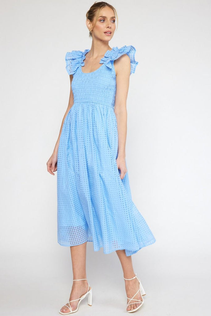 Light Blue Sheer Gingham Ruffle Strap Midi Dress Clothing Entro   