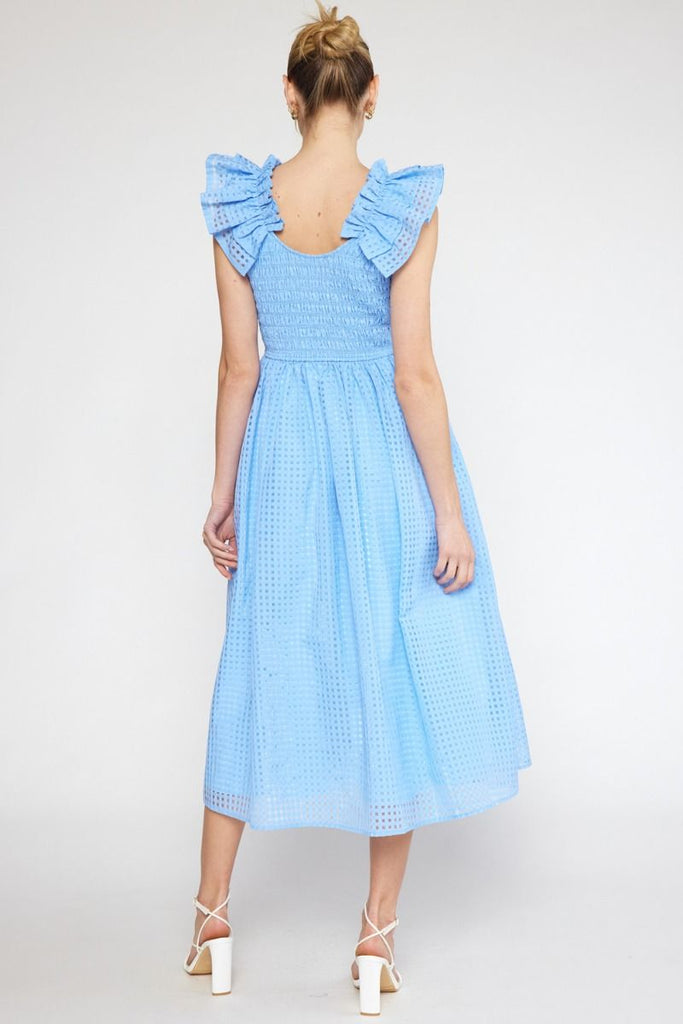 Light Blue Sheer Gingham Ruffle Strap Midi Dress Clothing Entro   