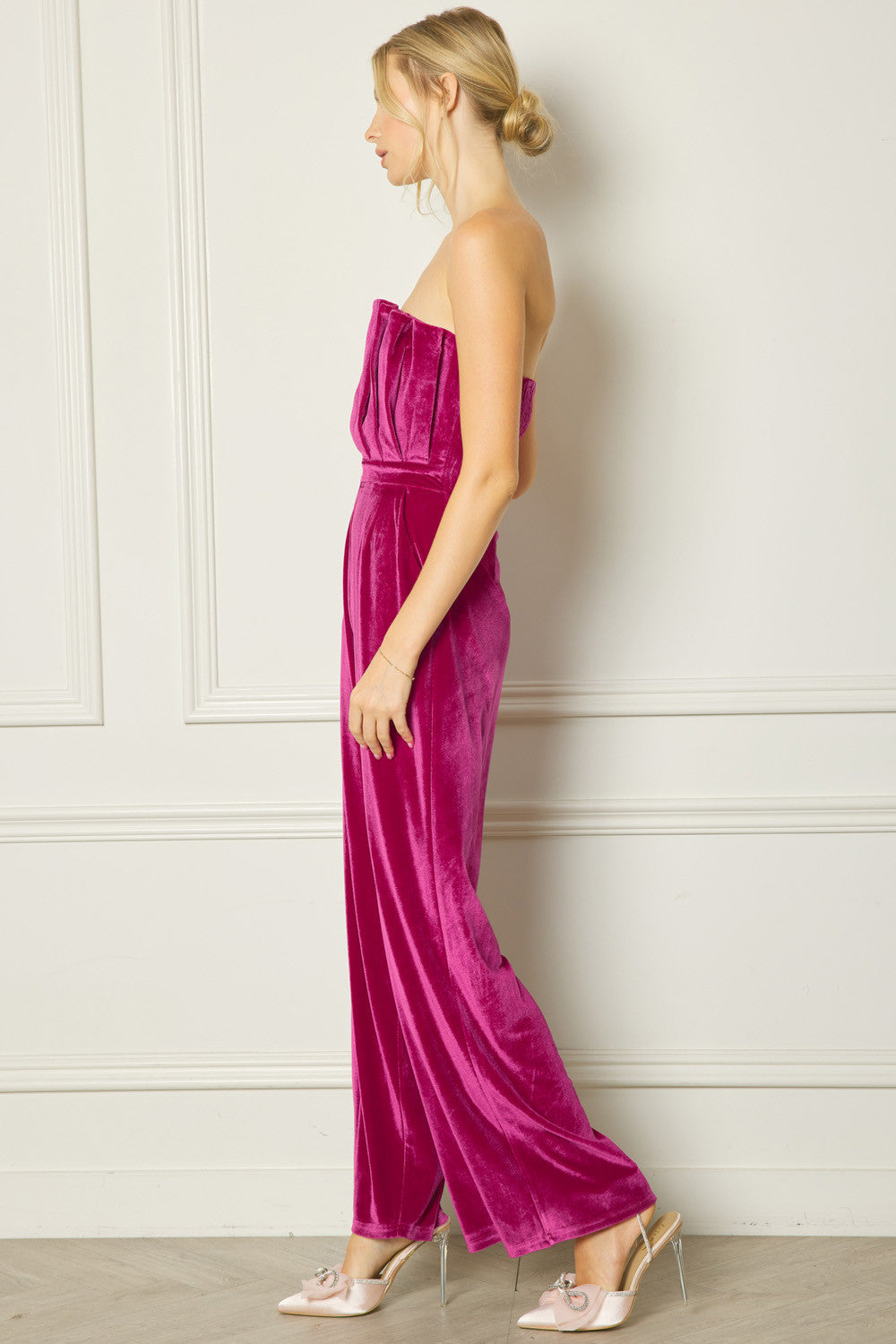 Magenta Velvet Ruffle Strapless Jumpsuit – Peacocks & Pearls Lexington