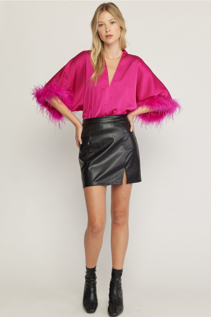 Satin V-Neck Feather Trim Bodysuit Clothing Entro Pink S 