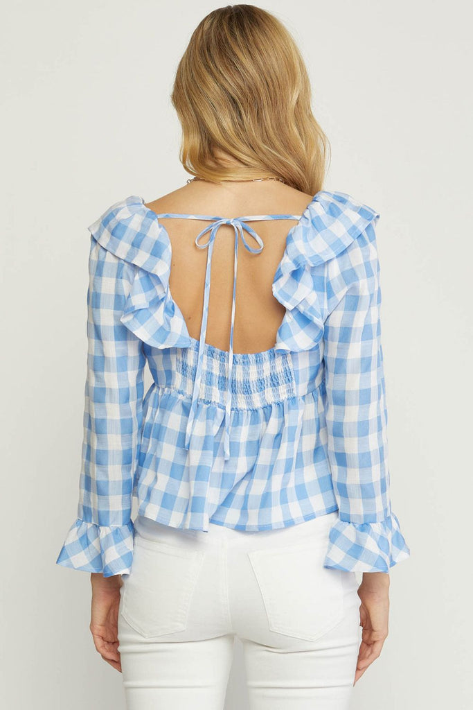 Blue/ White Gingham Lng Slv Top Clothing Entro   