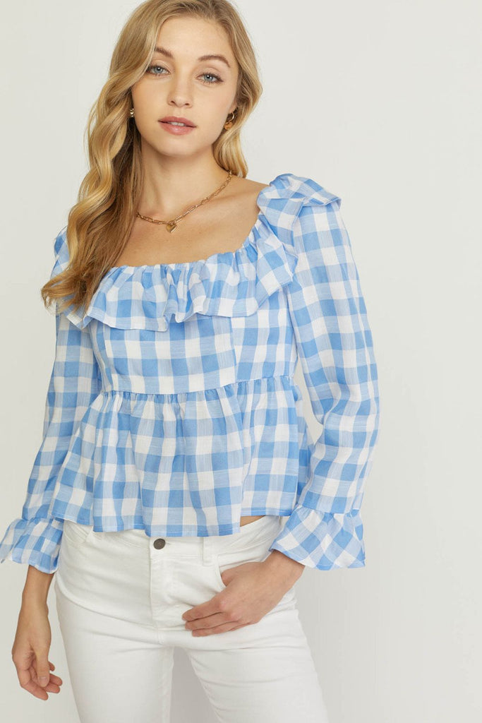 Blue/ White Gingham Lng Slv Top Clothing Entro   
