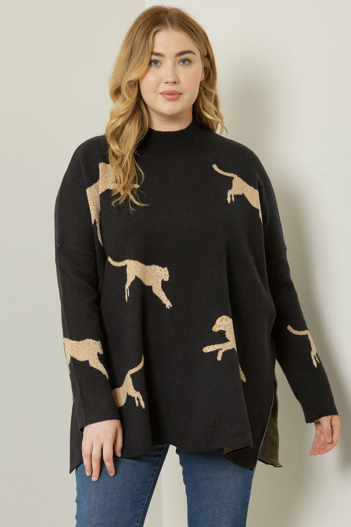 Cheetah Mock Neck Sweater Clothing Entro Black S 