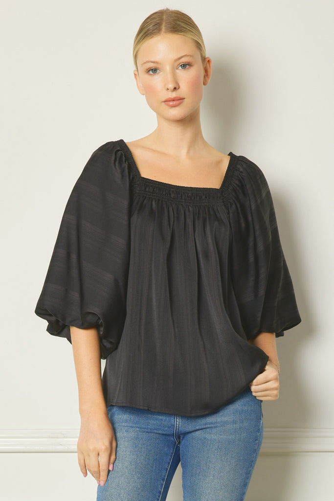 Black Satin Square Neck Puff Slv Top Clothing Entro   