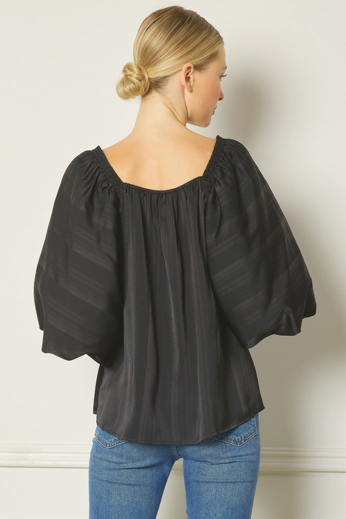 Black Satin Square Neck Puff Slv Top Clothing Entro   