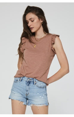 Ruffle Trim Slvless Tee Top Clothing Another Love Brown XS 