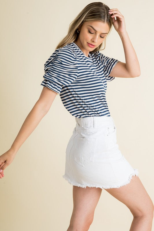 Navy Striped Ruched Slv Blouse Clothing THML   