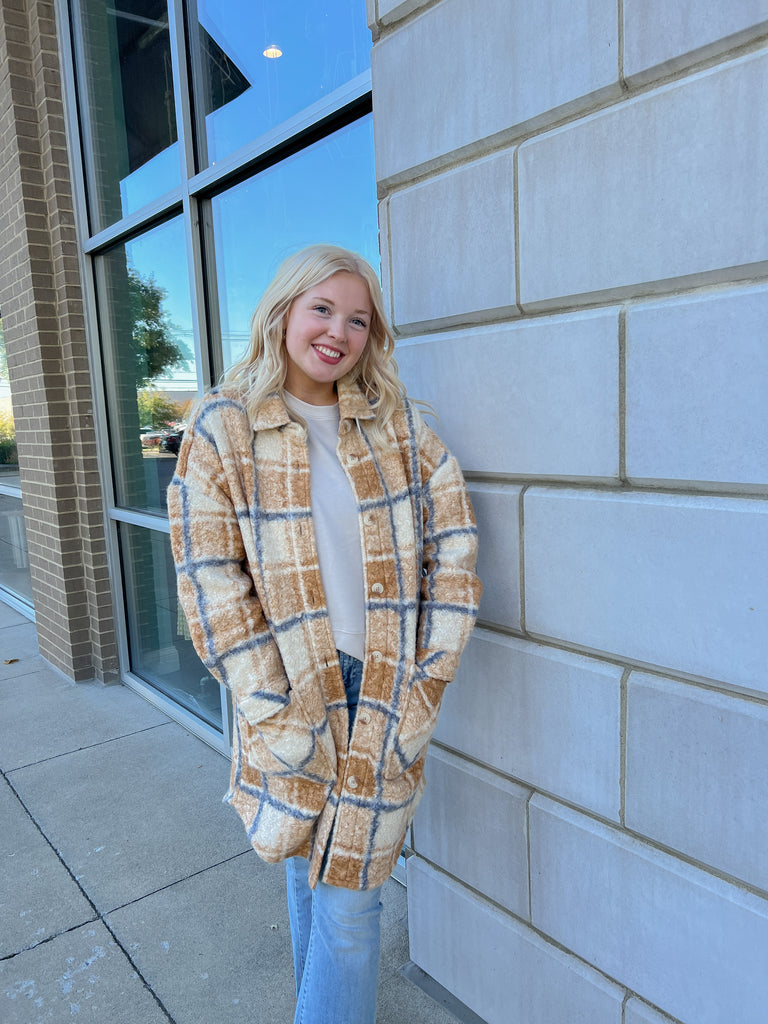 Camel/Blue Plaid Button Down Shacket/Coat Clothing RD Style   