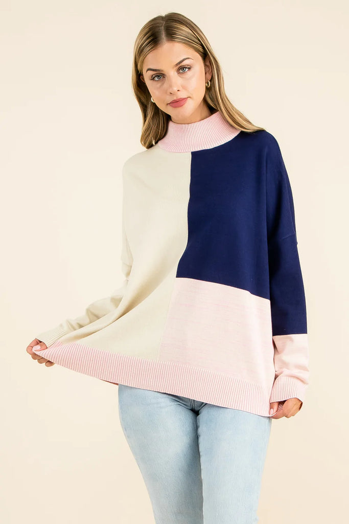 Multi-color Mock Neck Color Block Sweater Clothing THML   