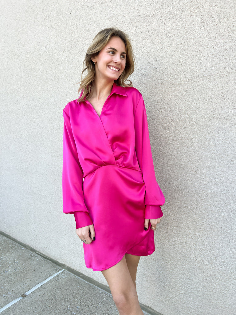 Hot Pink Satin Lng Slv Dress Peacocks & Pearls Lexington Hot Pink Satin Lng Slv Dress Peacocks & Pearls Lexington