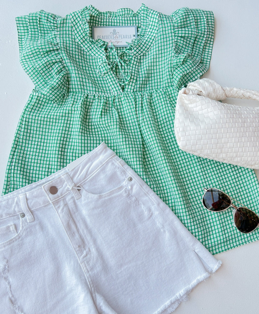 Green Gingham Flutter Slv Top Clothing THML   