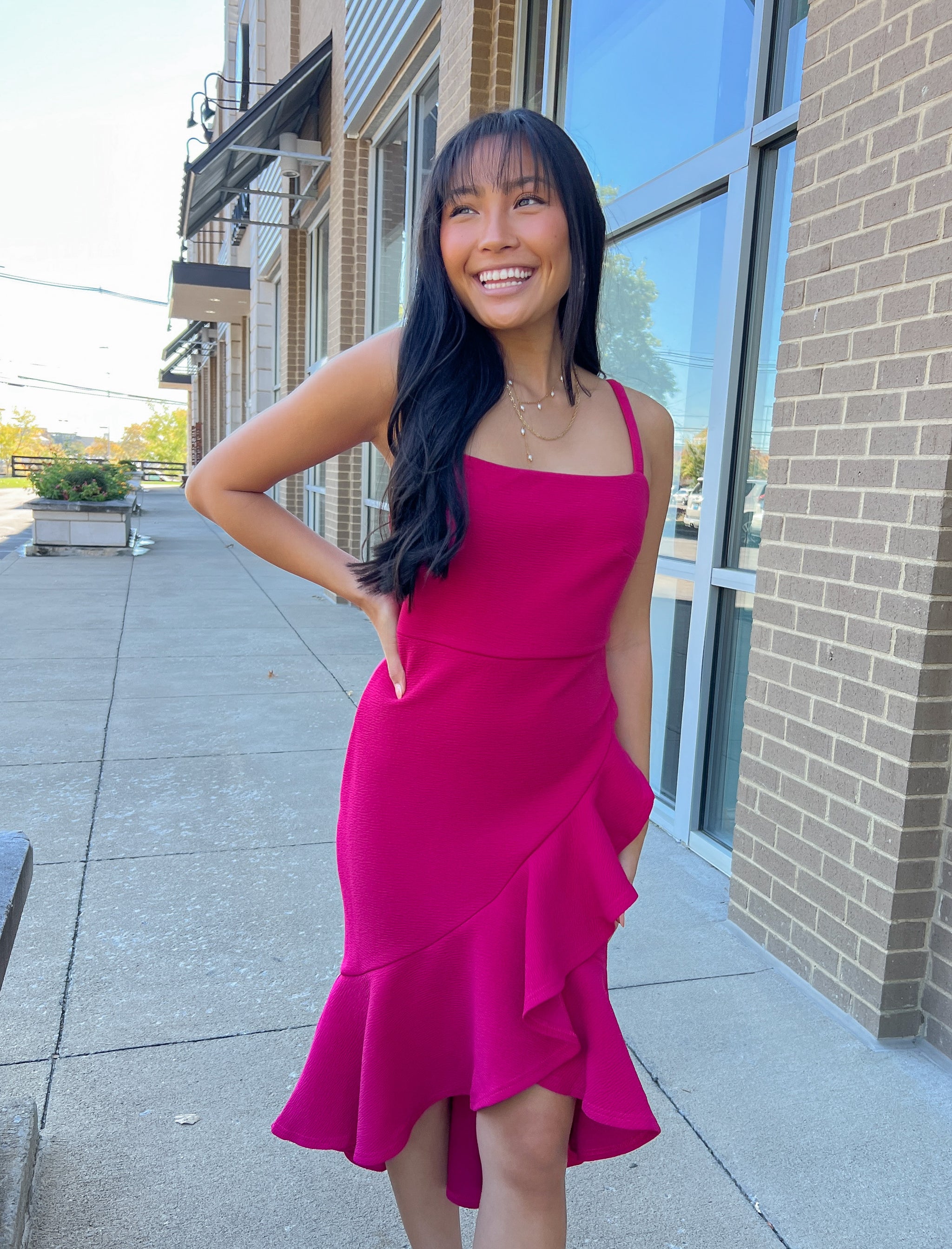 Magenta Square Neck Ruffle Midi Dress  Peacocks & Pearls Lexington