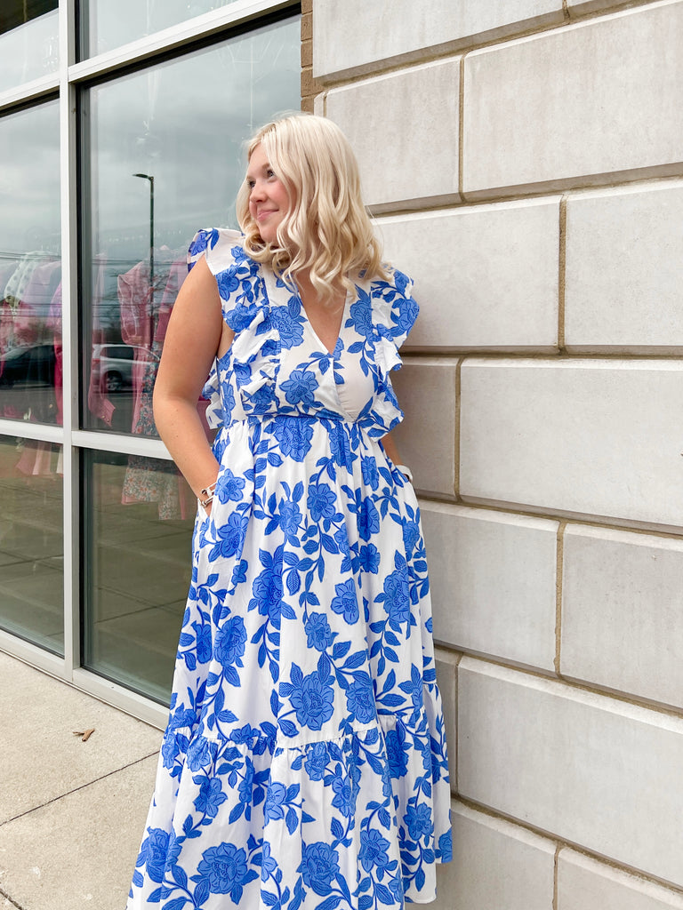 Blue Floral Tiered Ruffle V-neck Midi Clothing SugarLips   