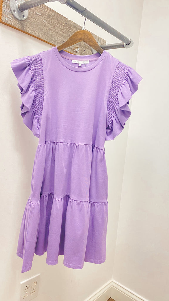 Tiered Knit Dress W/ Ruffle Slv Clothing August Apparel Purple XS 