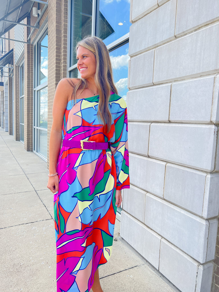Tropical Printed One Shoulder Dress Clothing KLD   