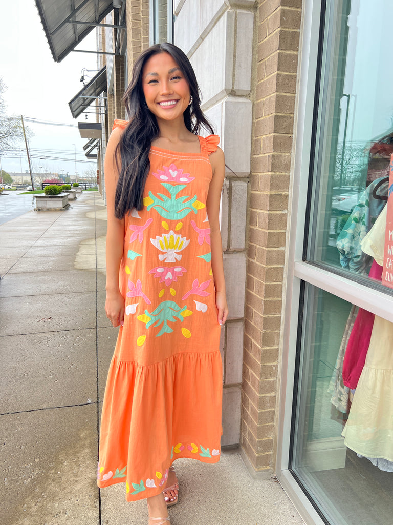 Orange Tropical Embroidered Midi Dress Clothing See And Be Seen   