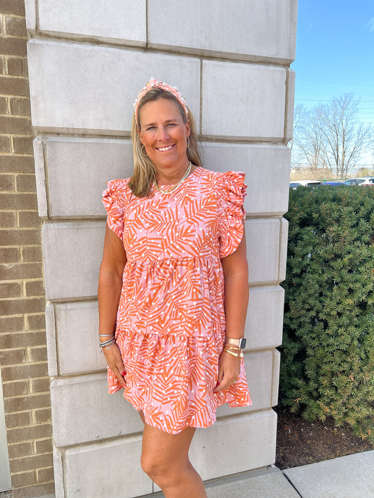 Pink/Orange Palm Dotted Tiered Dress Clothing Michelle Mcdowell   