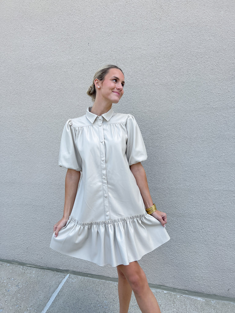 Cream Pleather Button Up Dress Clothing Fate   