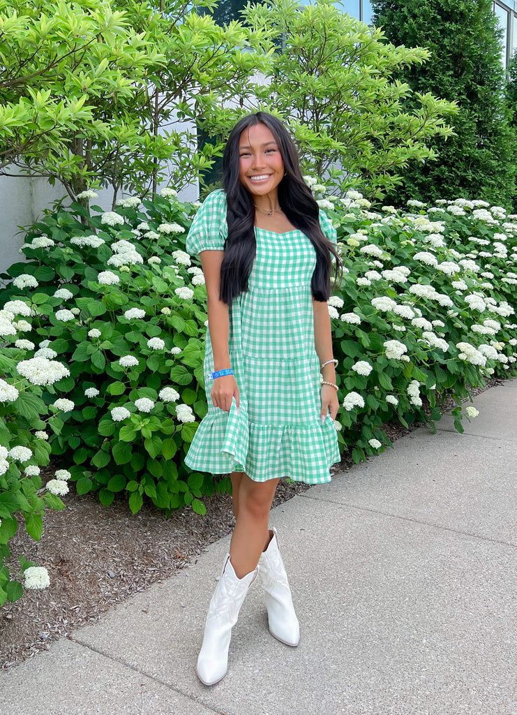 Grn/Wht Gingham Tiered S/S Dress Clothing Fanco   