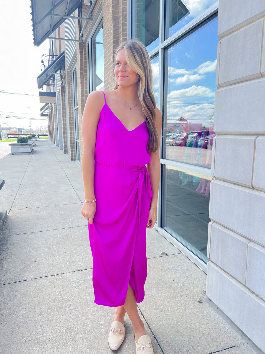 Magenta Satin Wrap Midi Dress – Peacocks & Pearls Lexington