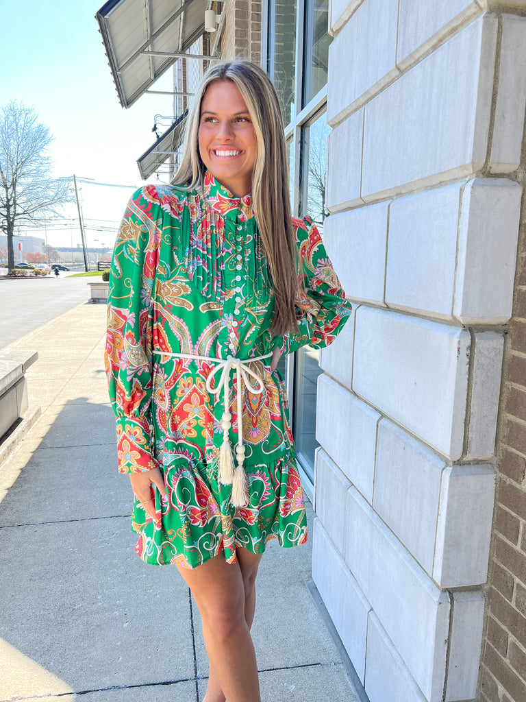 Long Sleeve Paisley Button Up Dress Clothing Affection Apparel Green S 