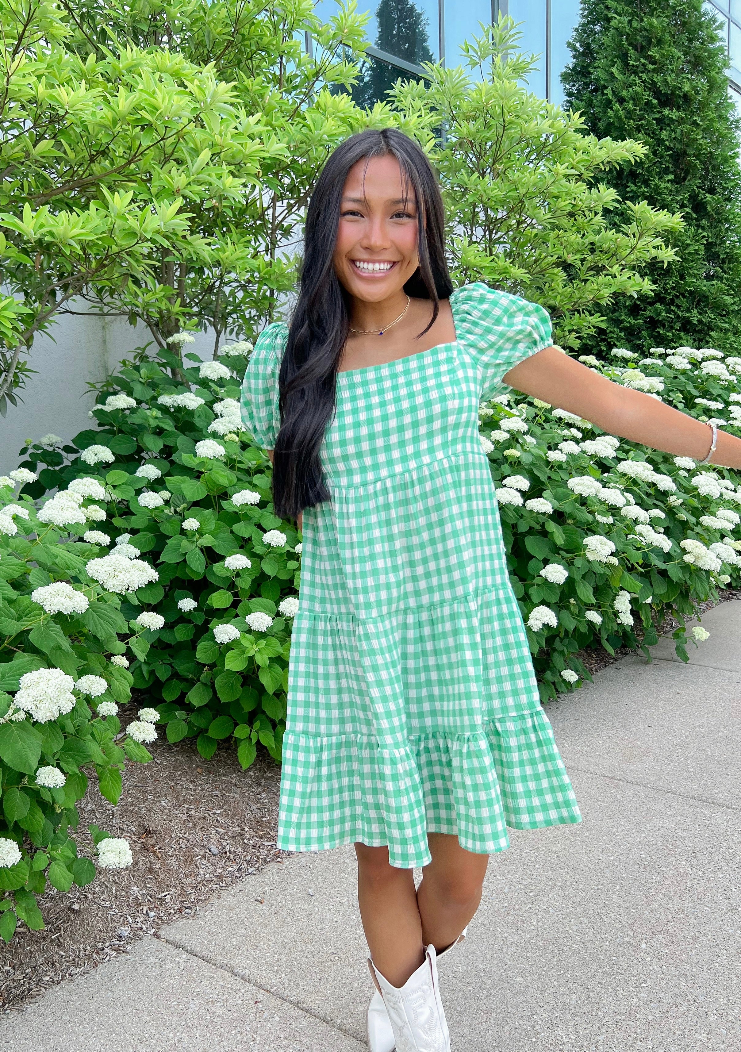 Grn/Wht Gingham Tiered S/S Dress Grn/Wht Gingham Tiered S/S Dress