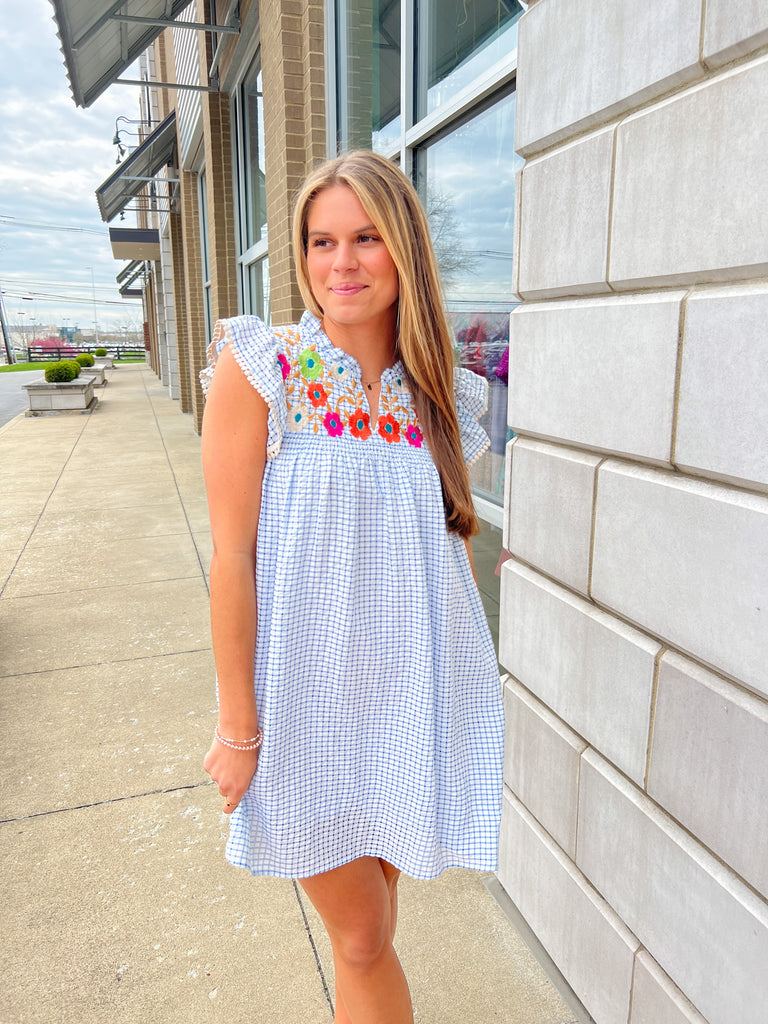 White/Blue Embroidered Gingham Dress White/Blue Embroidered Gingham Dress