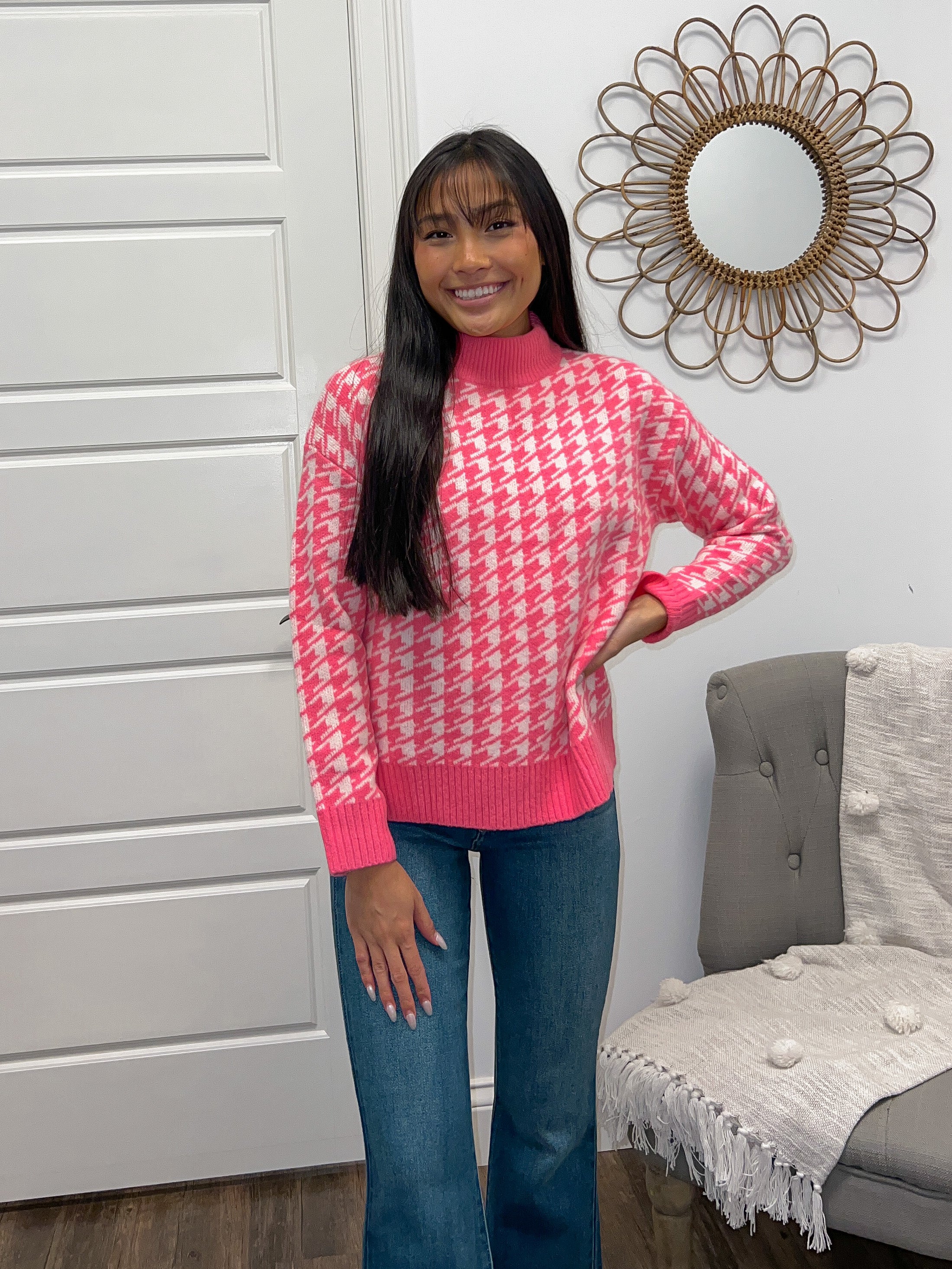 Neon Pink/ White Houndstooth Sweater