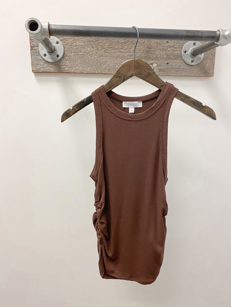 Ribbed High Neck Side Ruched Tank Clothing Hashtag XS Chocolate 
