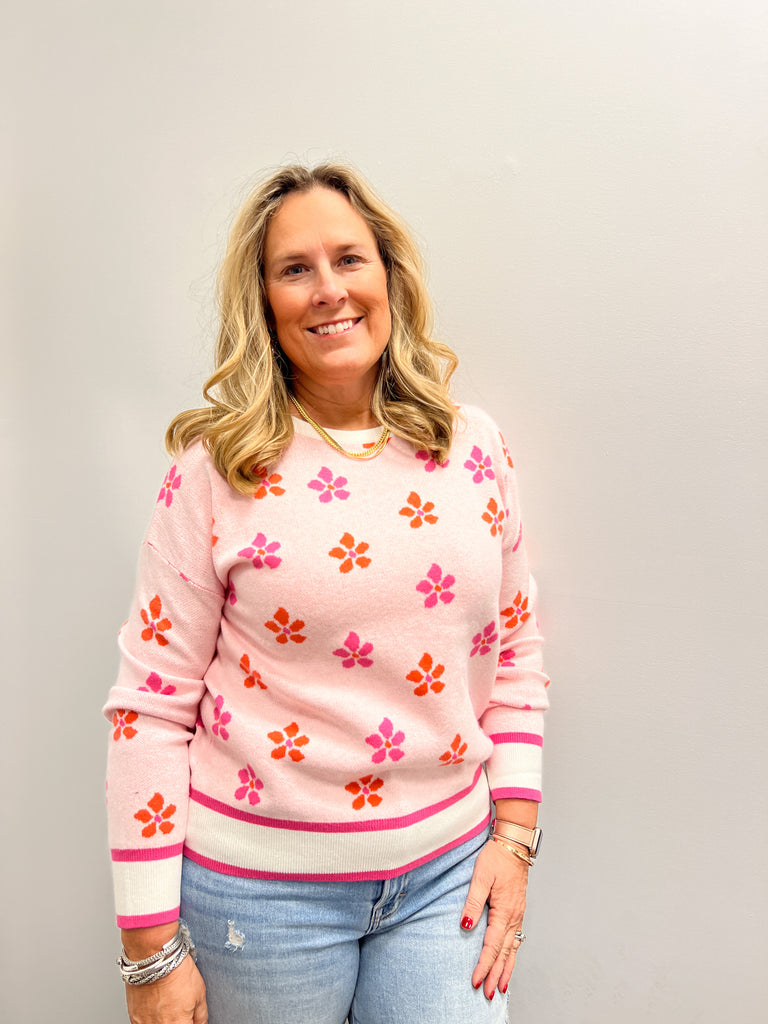 Pink/Orange Flower Pattern Sweater Clothing THML   