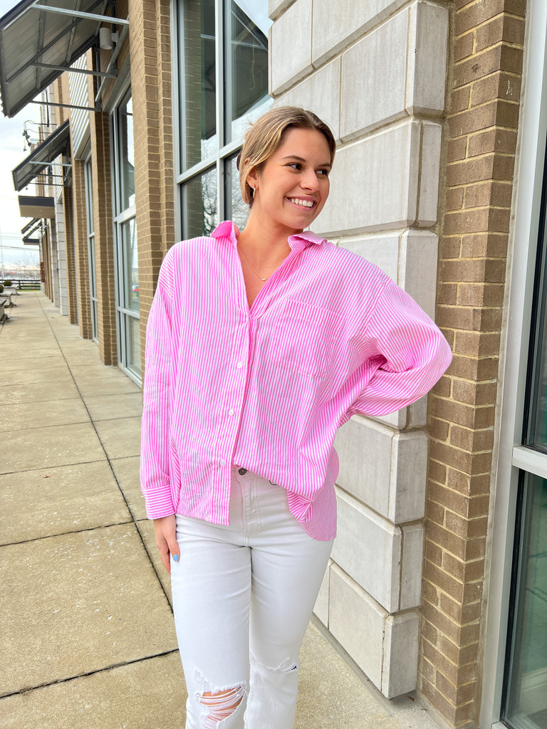 Pink Pinstripe Oversized Button Down Top Clothing Mabel   