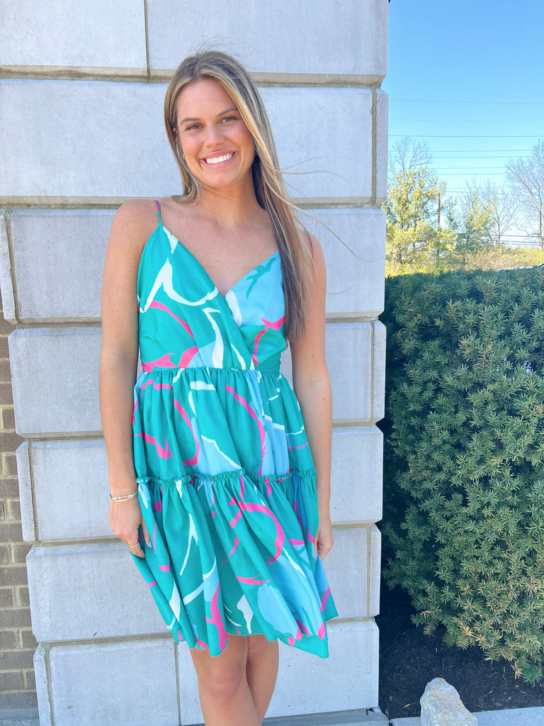 Teal Abstract Tiered V-neck Dress Clothing Molly Bracken   