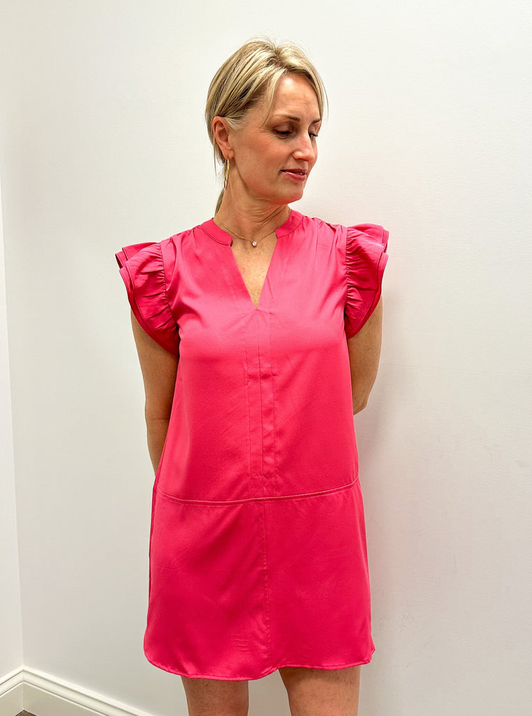 Pink V-Neck Flutter Slv Dress Clothing THML   