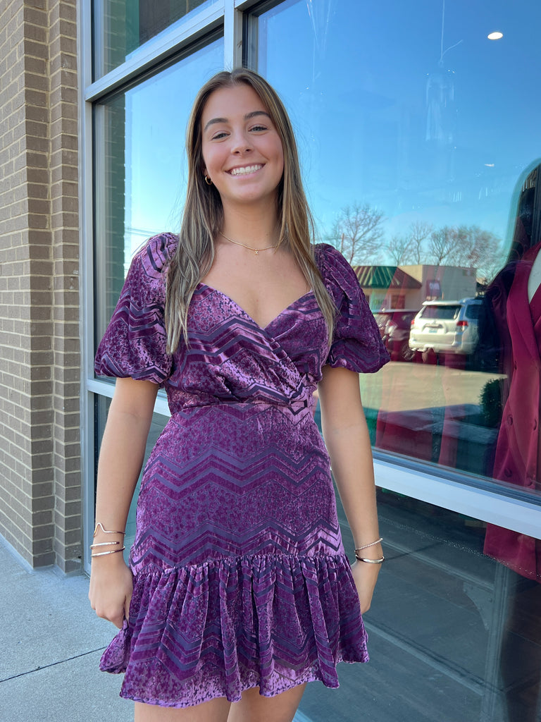 Purple Velvet Puff Slv Chevron Dress Clothing Adelyn Rae   