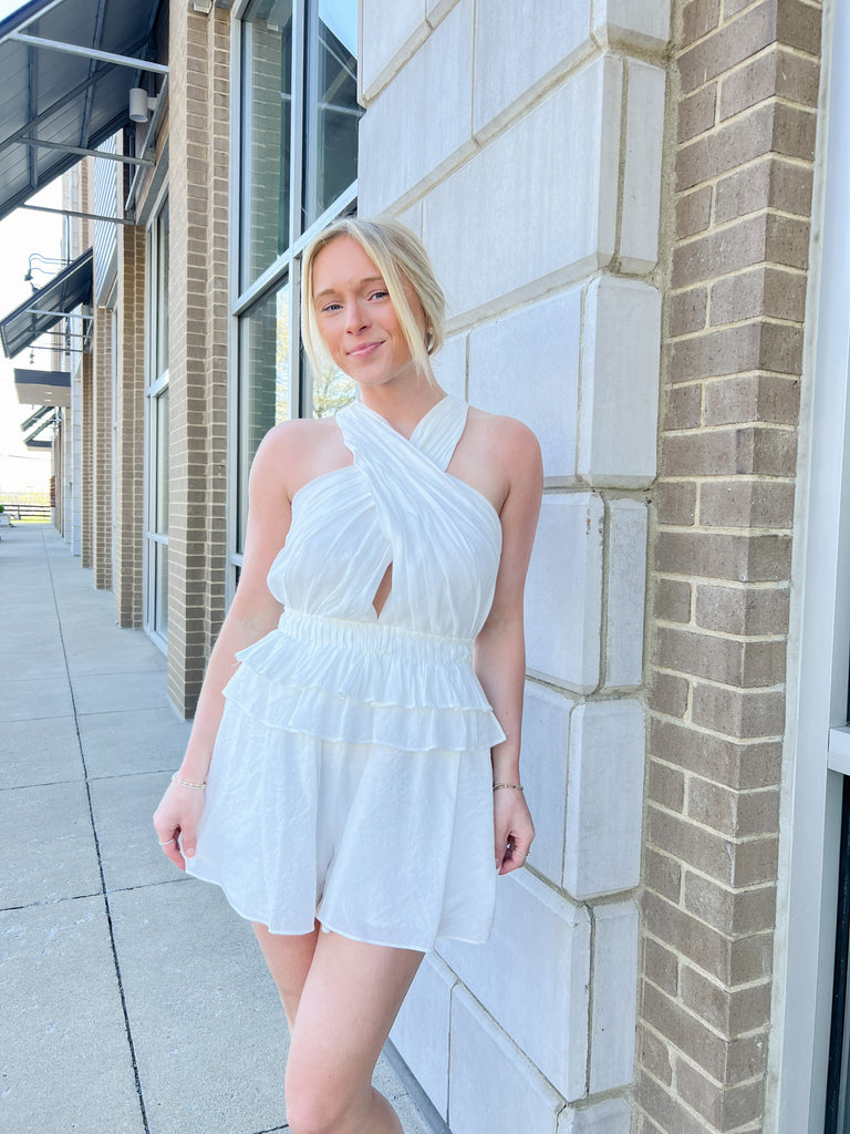 White Cross Over Neck Ruffled Romper Clothing Do+Be   